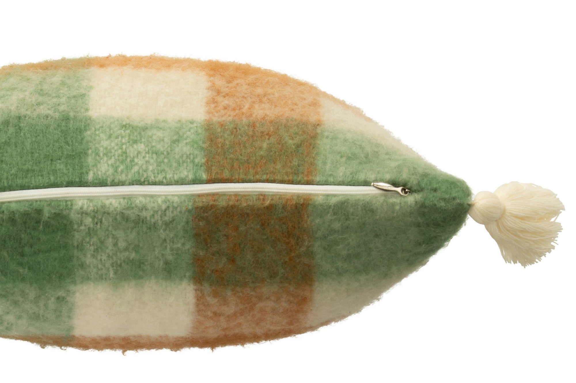 Kussen geruit+kwastjes acryl wit/groen/bruin