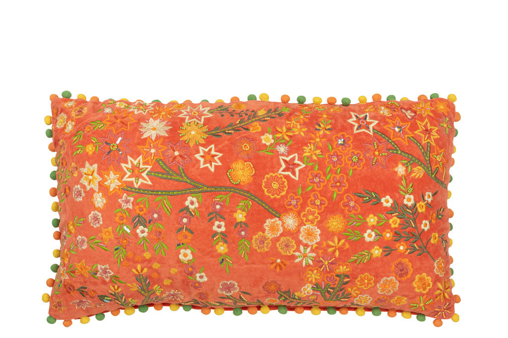 J-LINE KUSSEN RECHTHOEKIG MET BLOEMEN & POMPONS – VELVET – ORANJE – 65 CM
