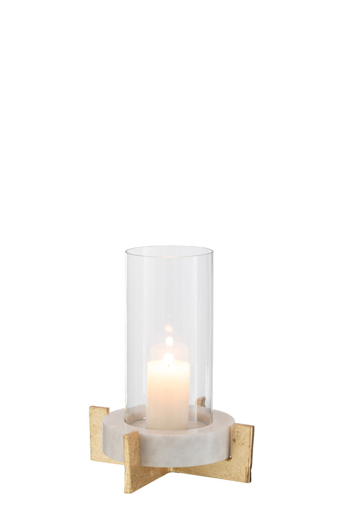 J-LINE GLAZEN THEELICHT MARMER/METAAL BASIS GRIJS/CHAMPAGNE KLEIN