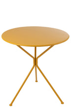 Grote ronde metalen tuintafel met driepoot in okergeel