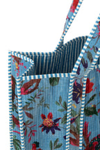 J-LINE TOTE BAG BIRDS/FLOWERS COTTON VELVET BLUE