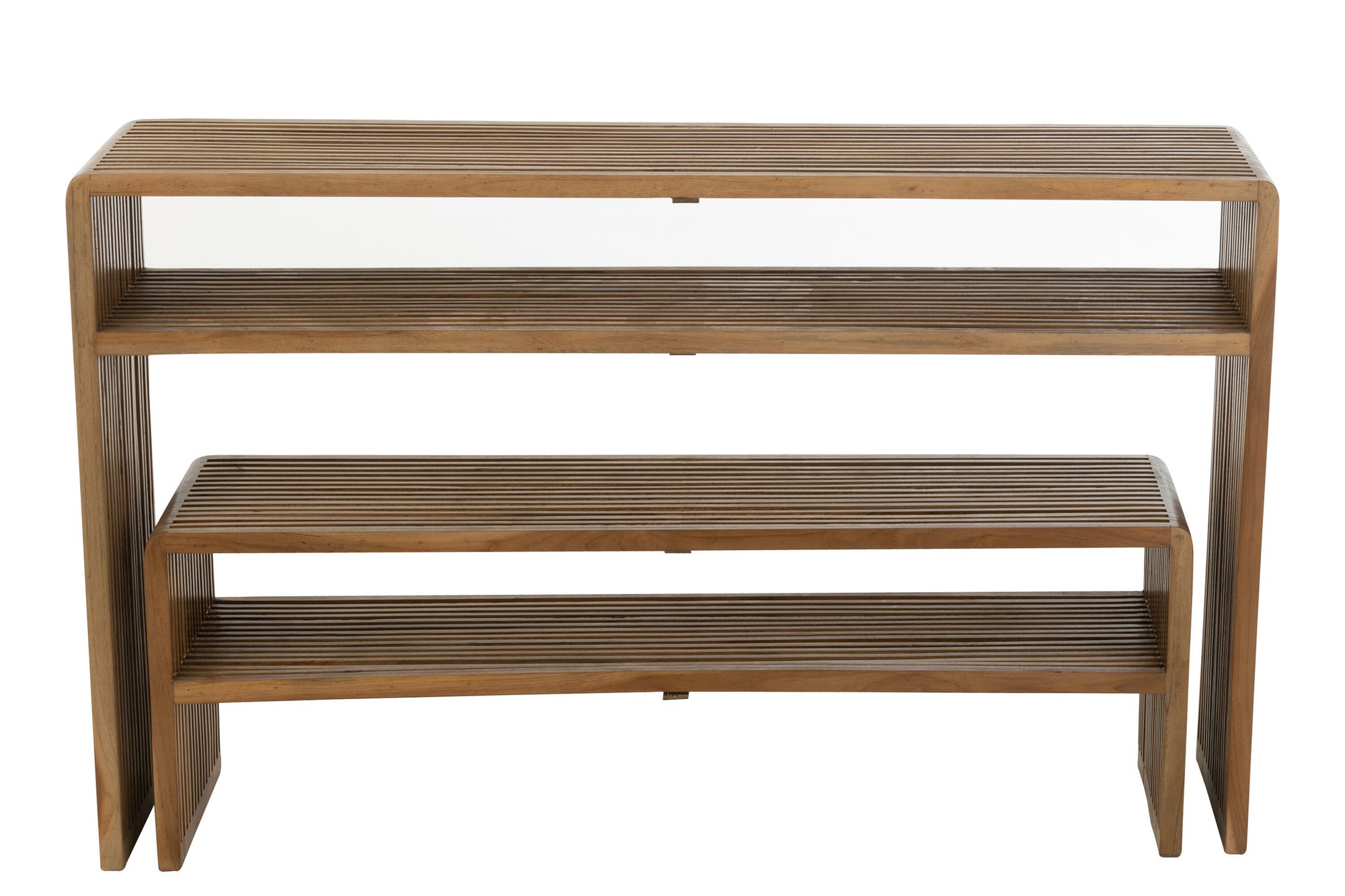 Set van 2 consoles met plank van gerecycled teakhout in natuurlijke kleur.
