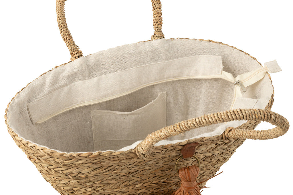 J-LINE STRANDTAS MET KWASTJES – ZEEGRAS/RAFFIA NATUUR/BRUIN