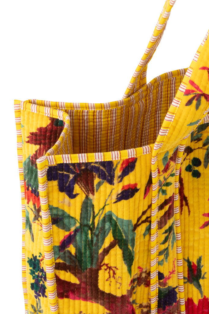 J-LINE TOTE BAG BIRDS/FLOWERS COTTON VELVET YELLOW