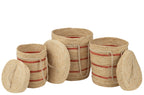 J-LINE SET VAN 3 MANDEN MET DEKSEL + STREPEN – MAISBLAD NATUUR/ROOD