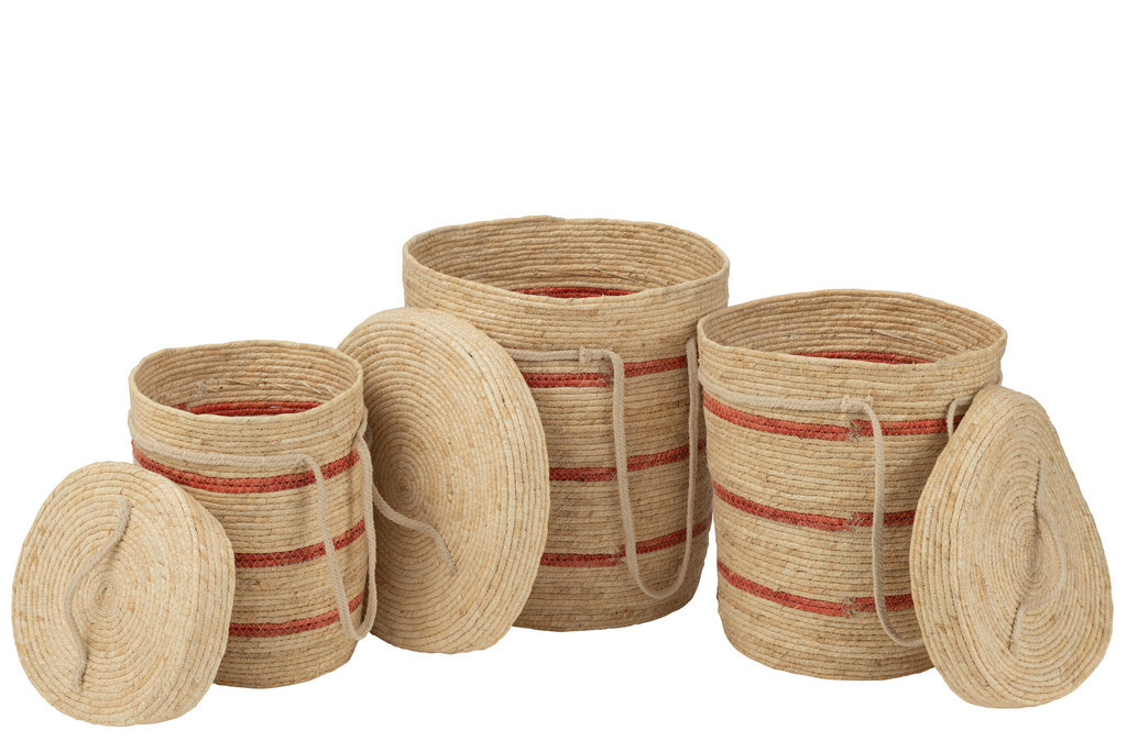J-LINE SET VAN 3 MANDEN MET DEKSEL + STREPEN – MAISBLAD NATUUR/ROOD