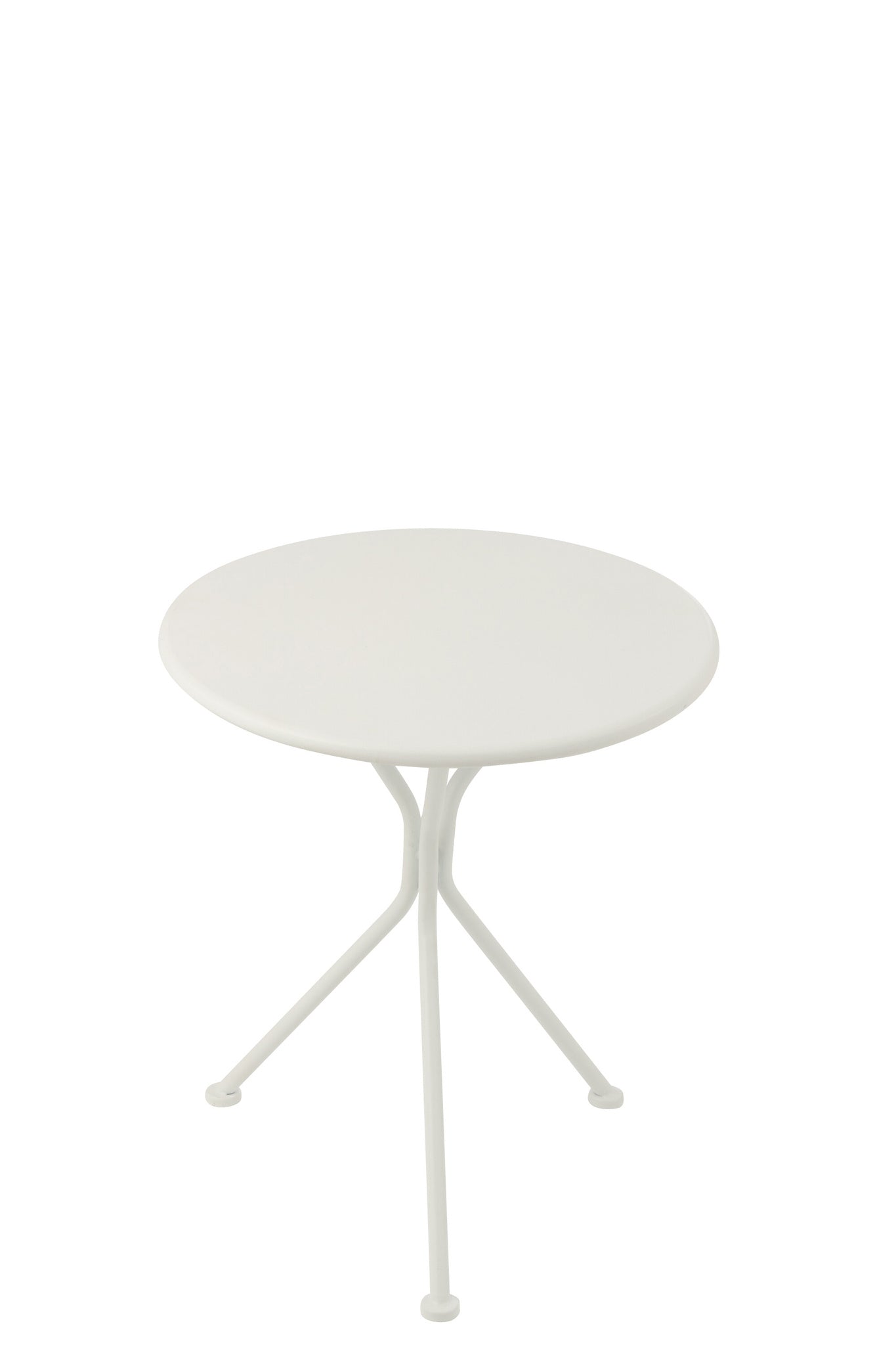 Ronde kleine tuintafel van wit metaal met driepoot