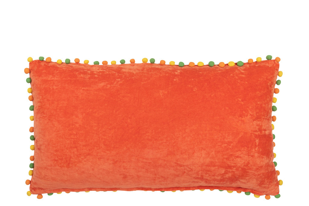 J-LINE KUSSEN RECHTHOEKIG MET BLOEMEN & POMPONS – VELVET – ORANJE – 65 CM