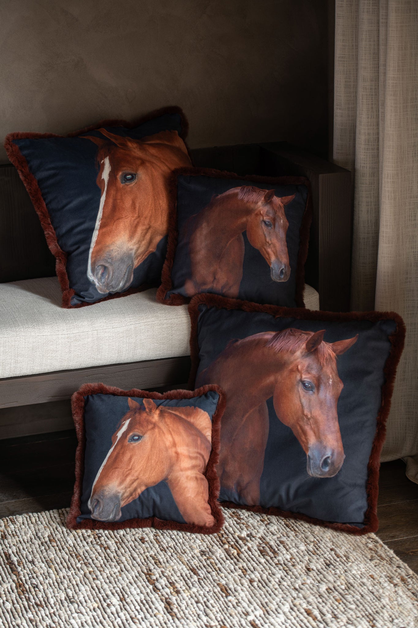 Kussen Paard Polyester Bruin Klein Assortiment Van 2