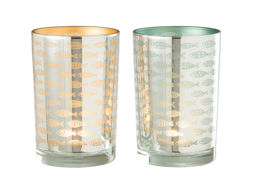 J-LINE HURRICANE FISH GLASS BEIGE/BLUE LARGE – SET VAN TWEE STUKS