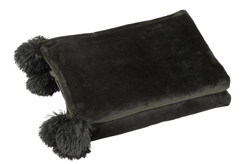 J-LINE PLAID MET POMPONS POLYESTER ZWART