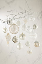 J-LINE DOOS VAN 6 KERSTBALLEN BLADEREN GLITTER GLAS GLANZEND ZILVER KLEIN