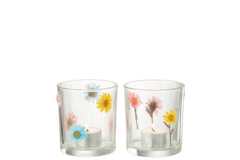 J-LINE THEELICHTHOUDER POSY MEDIUM GLAS MIX (SET VAN 2)