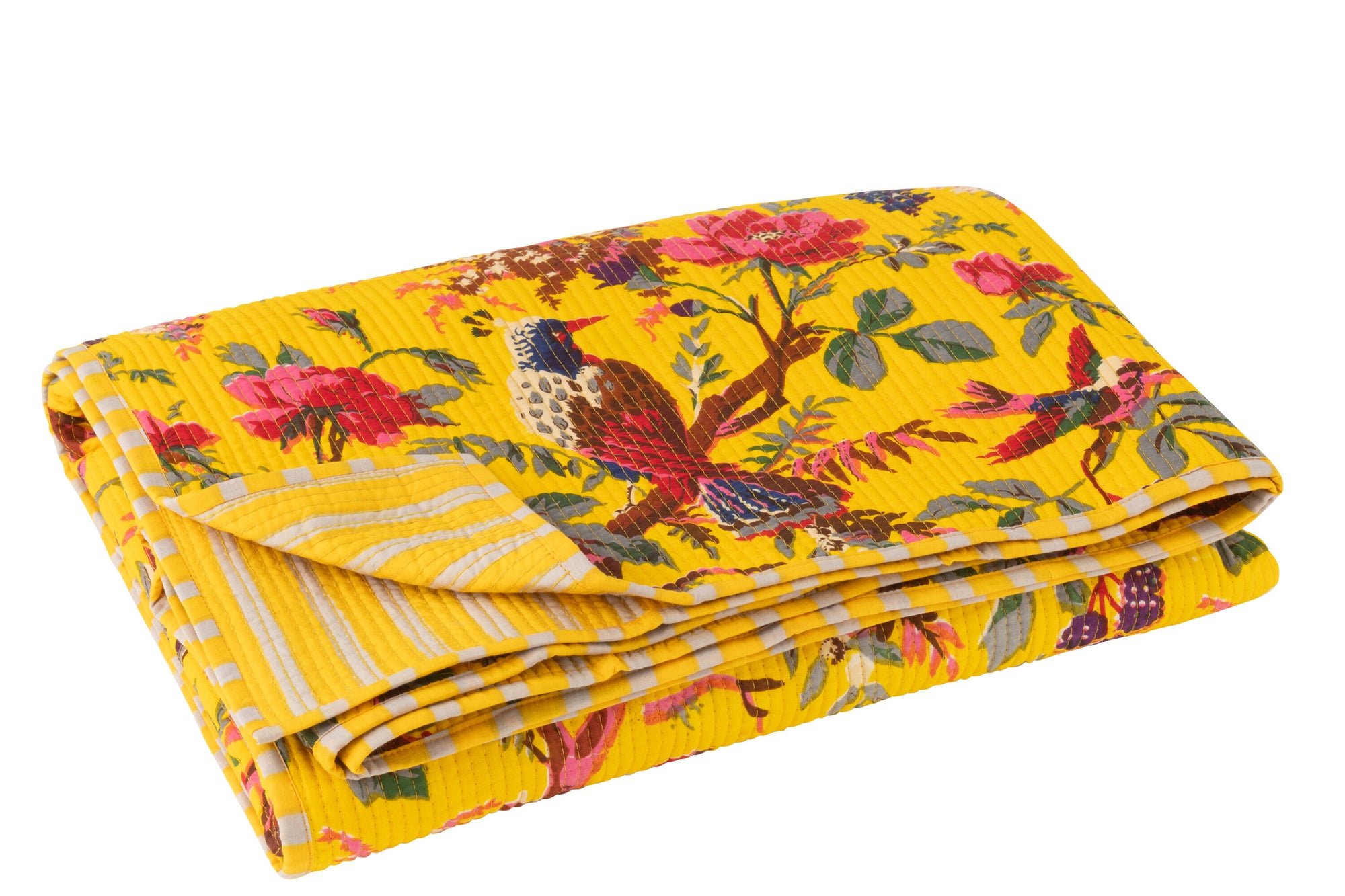 Geruite Vogels/Bloemen Katoenen Fluweel Geel