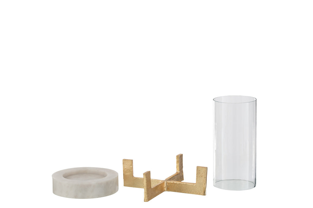 J-LINE GLAZEN THEELICHT MARMER/METAAL BASIS GRIJS/CHAMPAGNE KLEIN