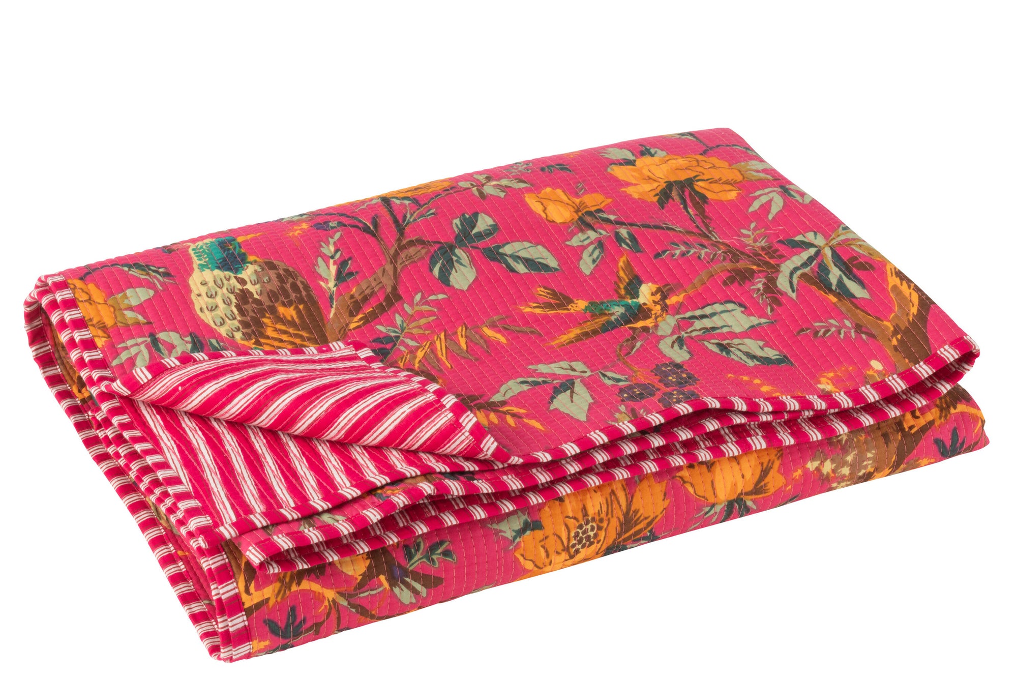 Geruite vogels/bloemen katoenen fluweel roze