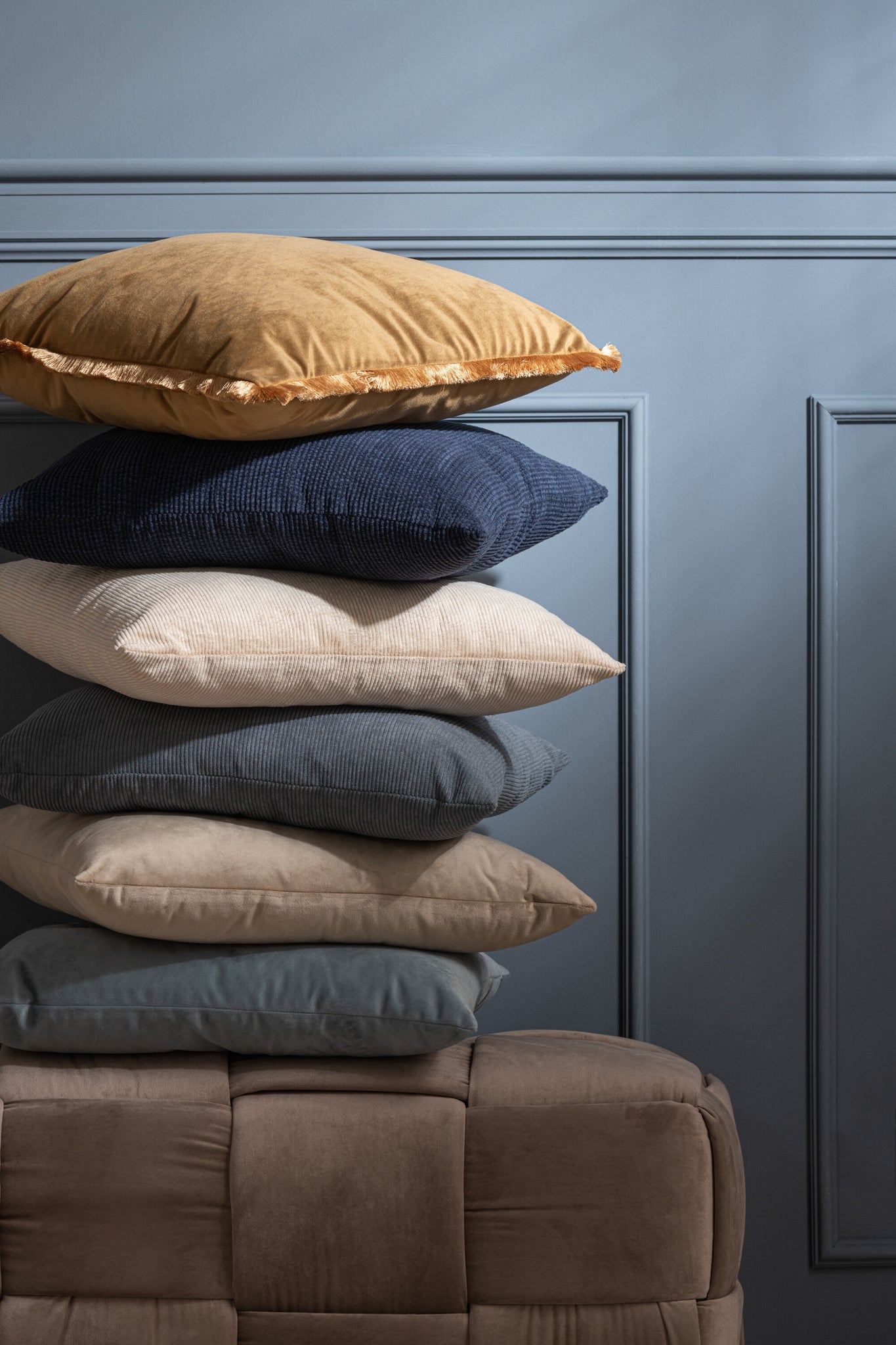 Kussen Rib Vierkant Fluweel Grijs Blauw