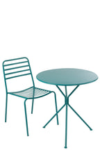 Ronde metalen tuintafel met driepoot, turquoise, groot