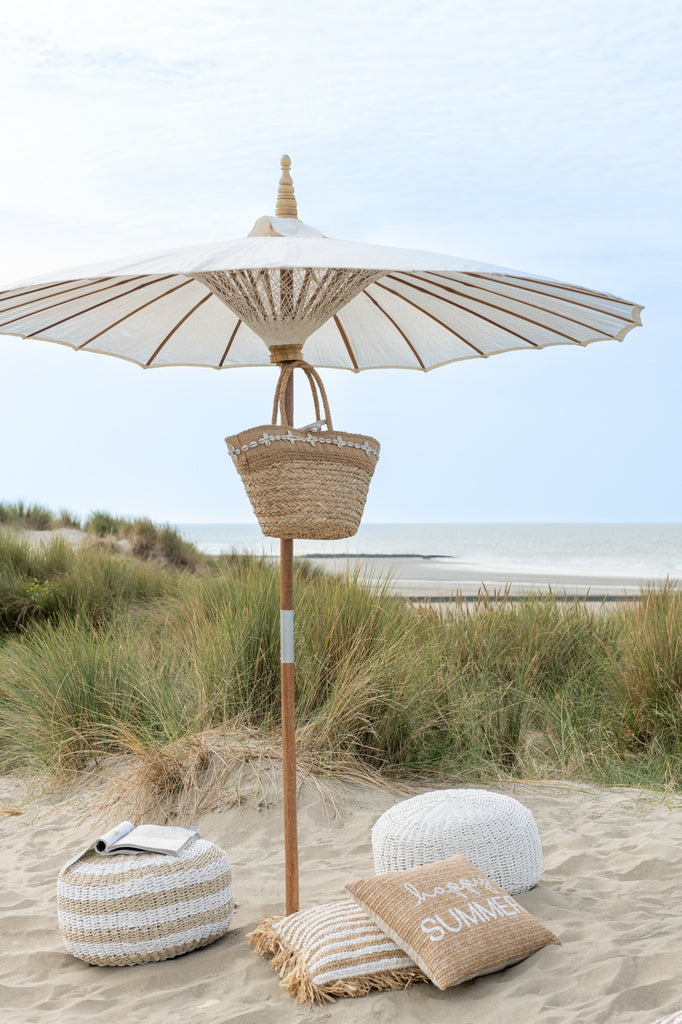 J-LINE POEF ROND STREPEN GEWEVEN PLASTIC WIT/NATUUR
