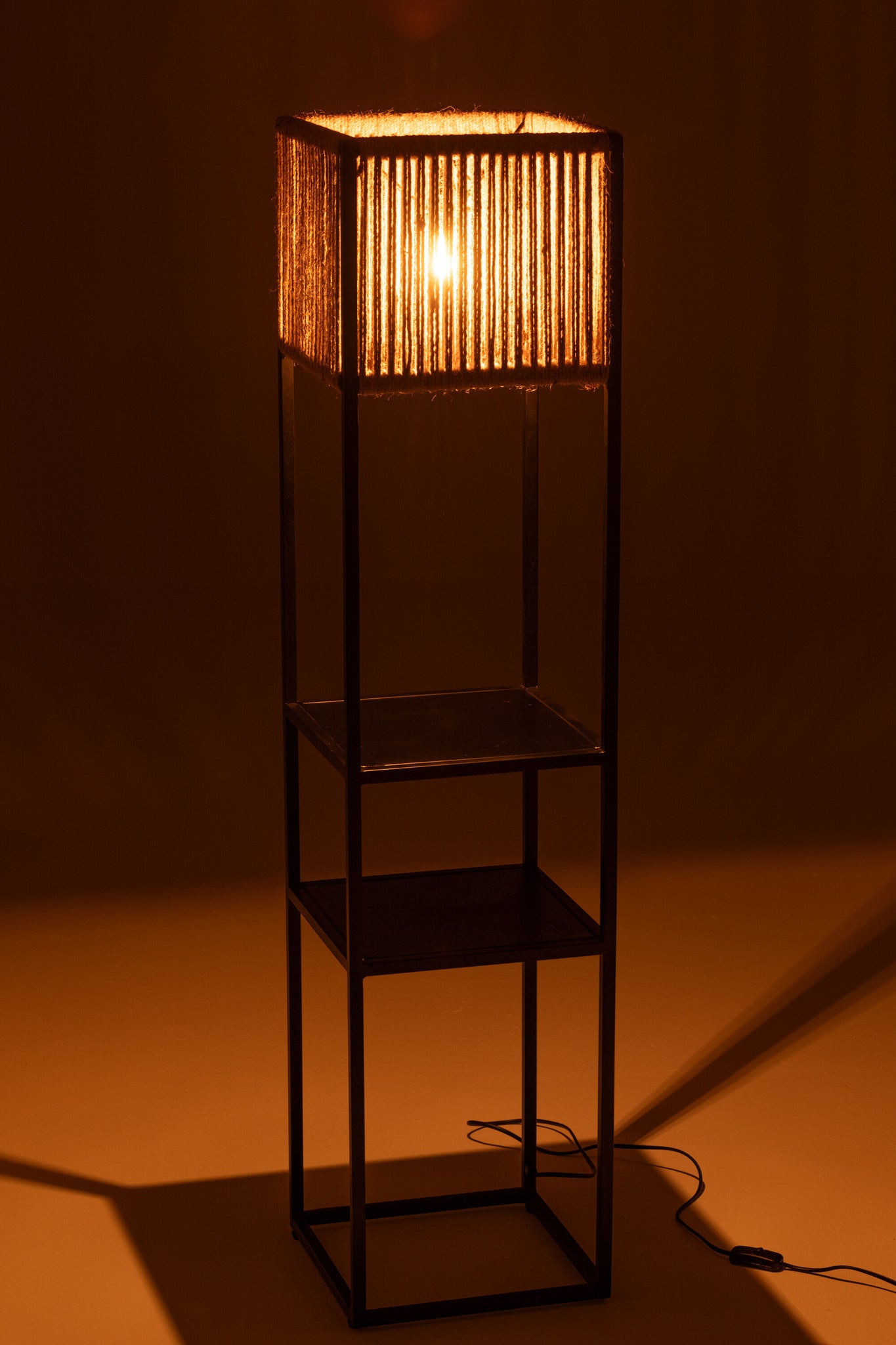 Vierkante lamp ijzer/jute naturel/zwart