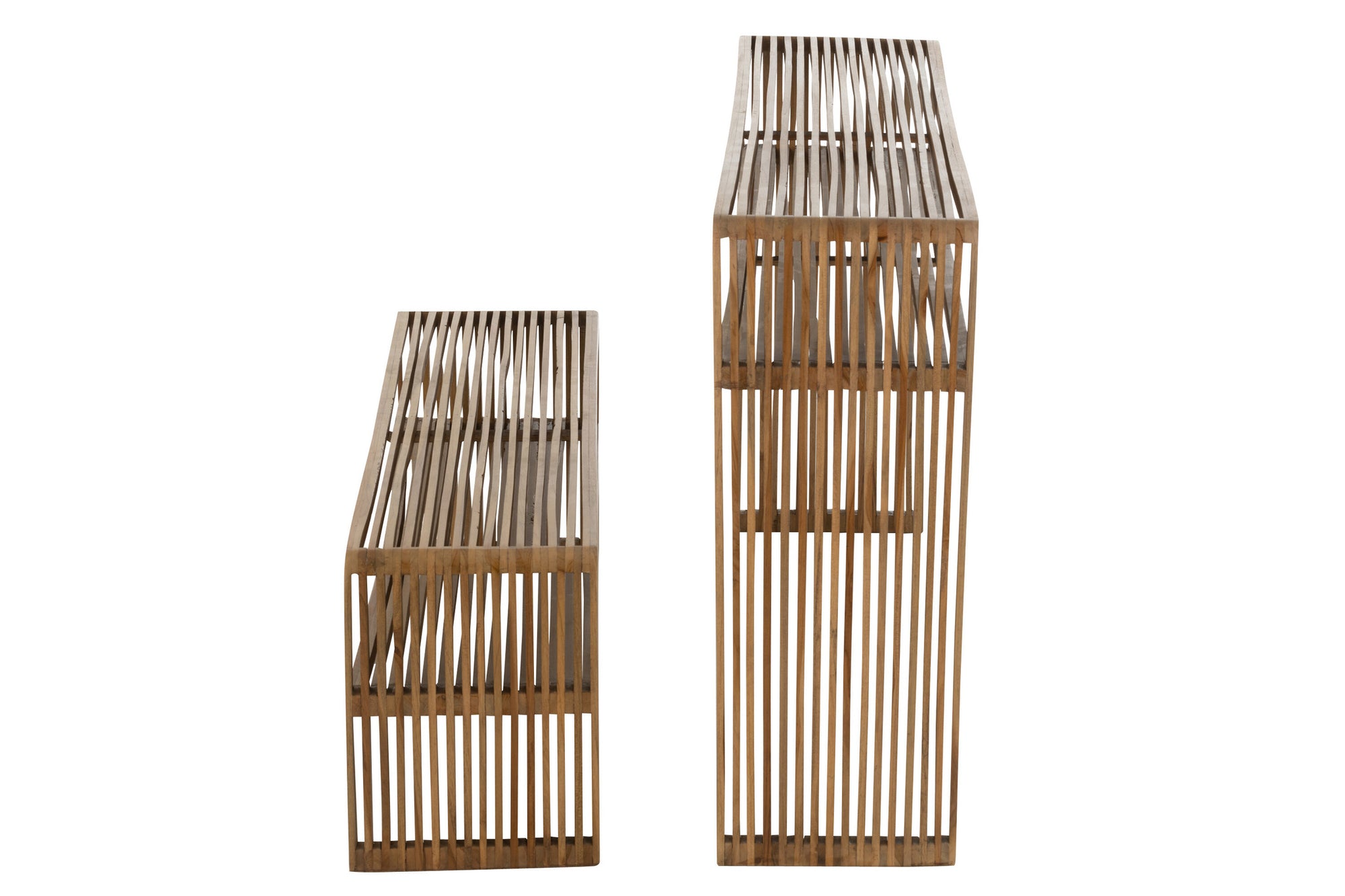 Set van 2 consoles met plank van gerecycled teakhout in natuurlijke kleur.