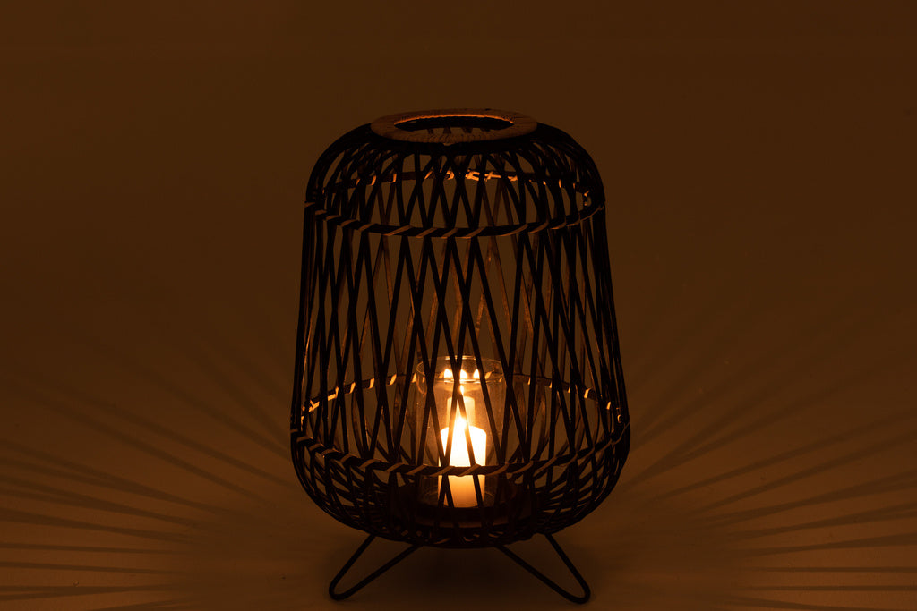 J-LINE LANTAARN OP VOET BAMBOE ZWART/NATUUR MEDIUM