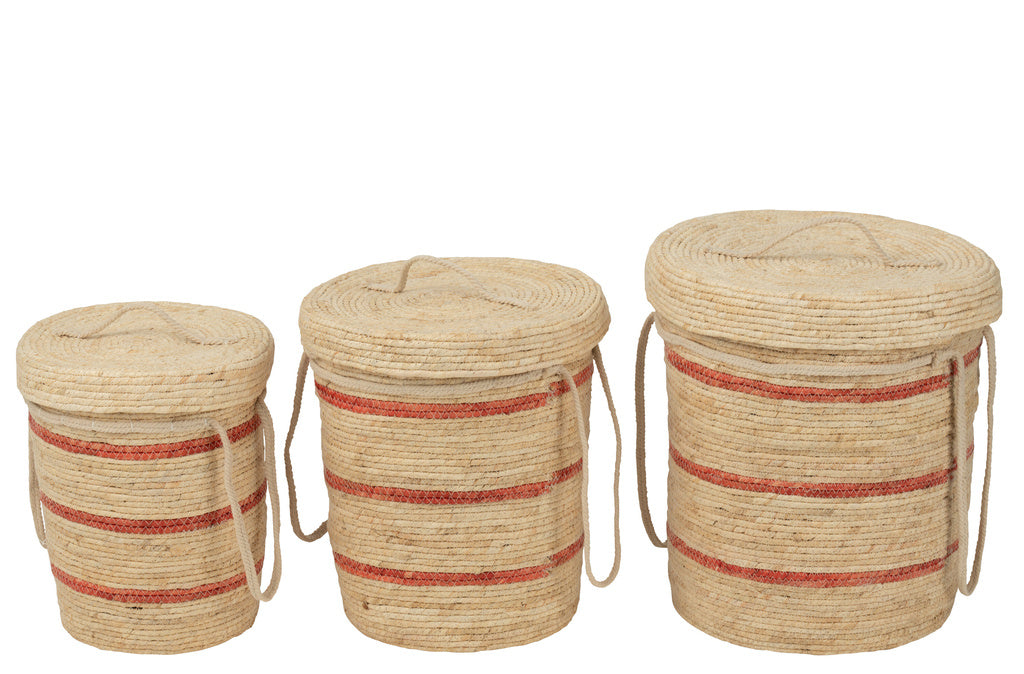 J-LINE SET VAN 3 MANDEN MET DEKSEL + STREPEN – MAISBLAD NATUUR/ROOD