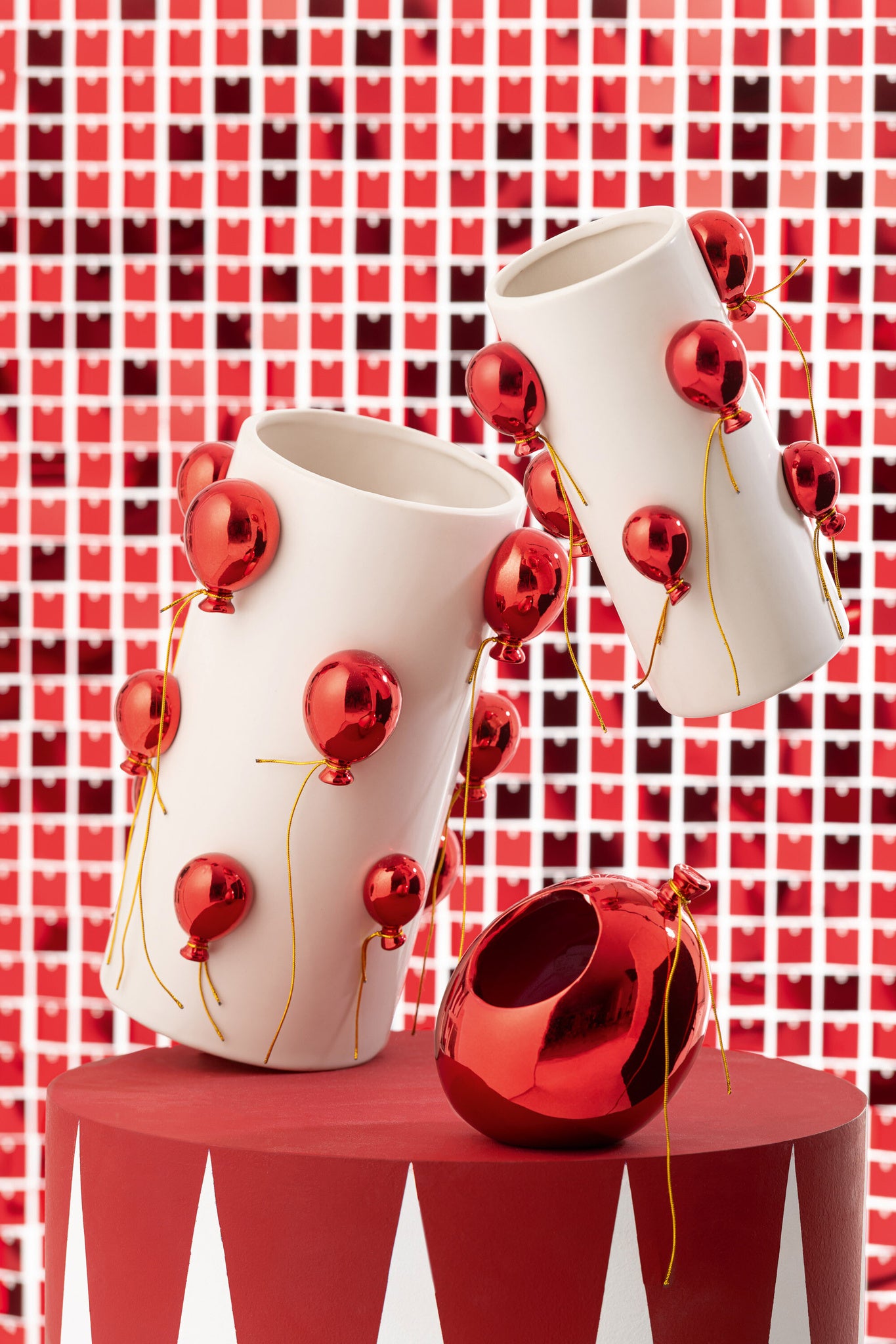 J-LINE VAAS BALLON KERAMIEK WIT/KERST ROOD GROOT