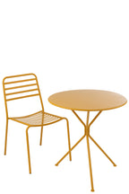 Grote ronde metalen tuintafel met driepoot in okergeel