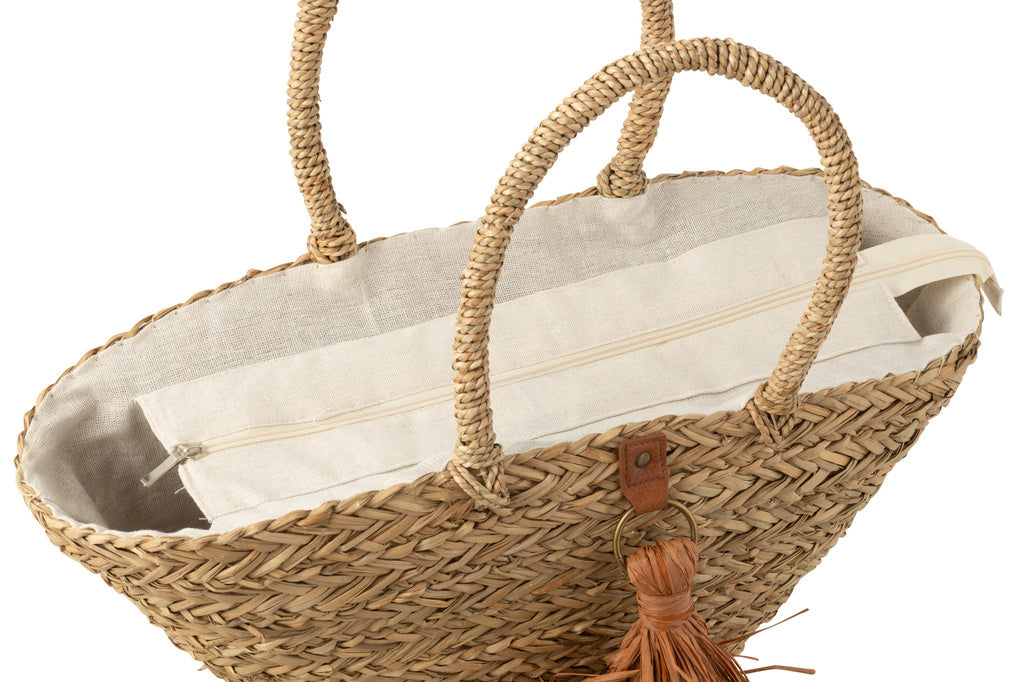 J-LINE STRANDTAS MET KWASTJES – ZEEGRAS/RAFFIA NATUUR/BRUIN