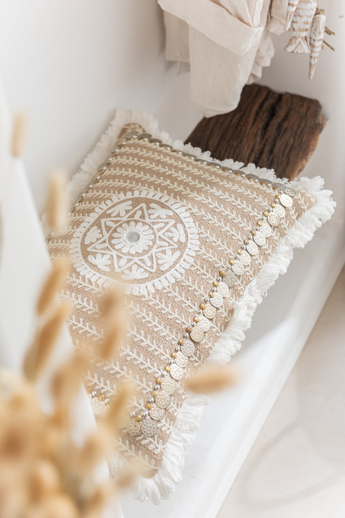 Kussen Rechthoekig Patroon Met Munten Jute Natuur/Beige
