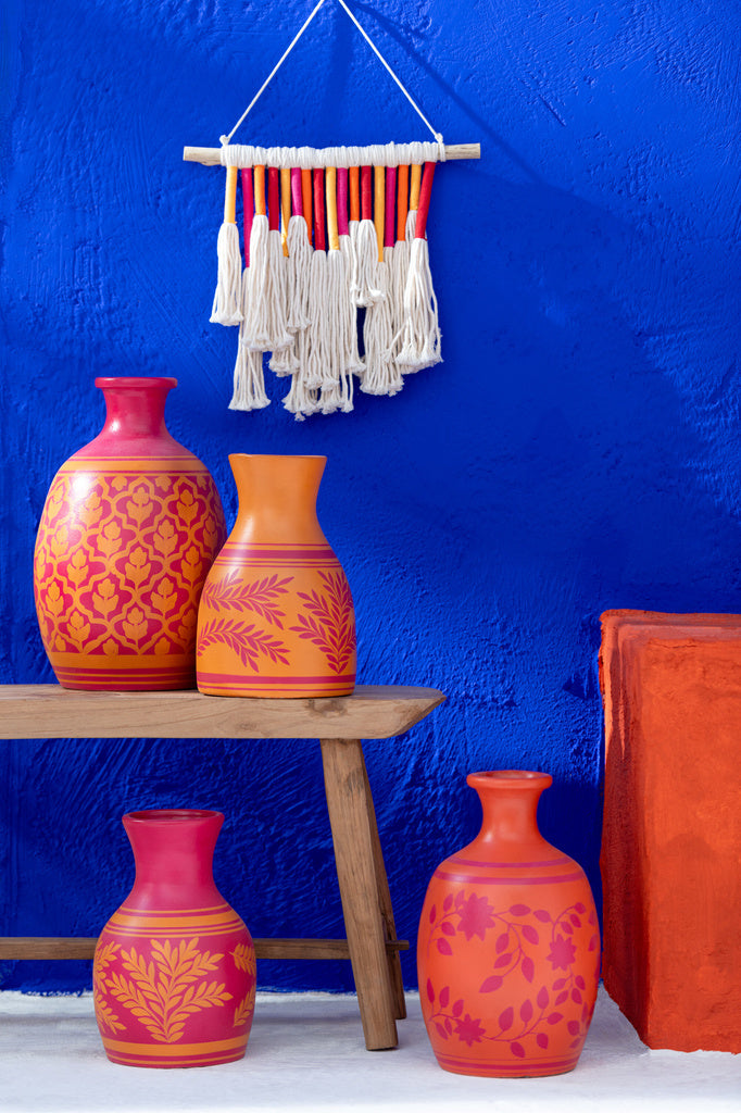 J-LINE VASE FLOWERS+LINES TERRACOTTA ROZE/ORANJE