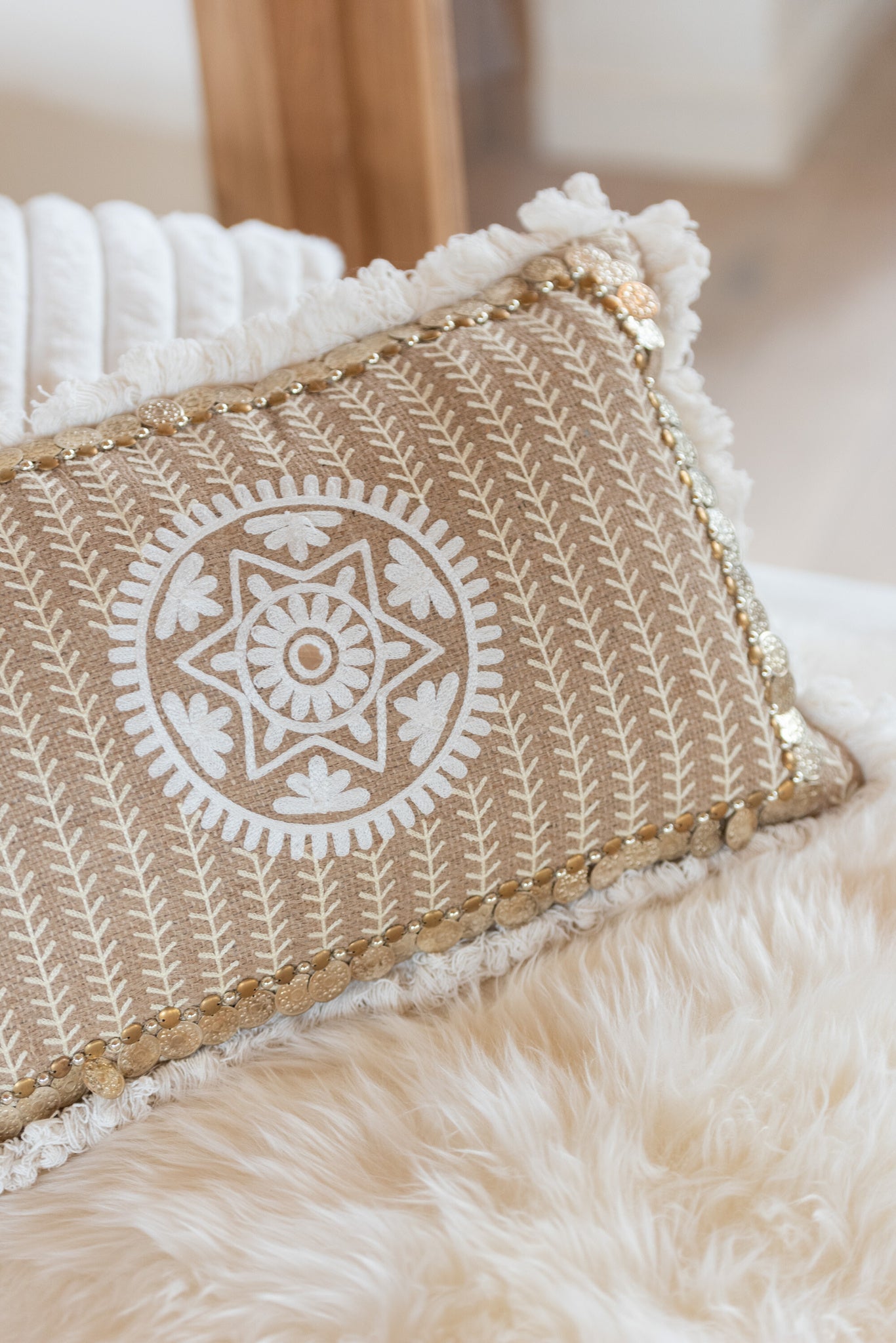 Kussen Rechthoekig Patroon Met Munten Jute Natuur/Beige