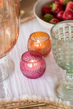 Set van 3 ronde glazen theelichthouders met bladmotief