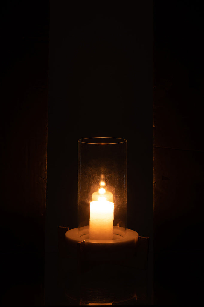 J-LINE GLAZEN THEELICHT MARMER/METAAL BASIS GRIJS/CHAMPAGNE KLEIN