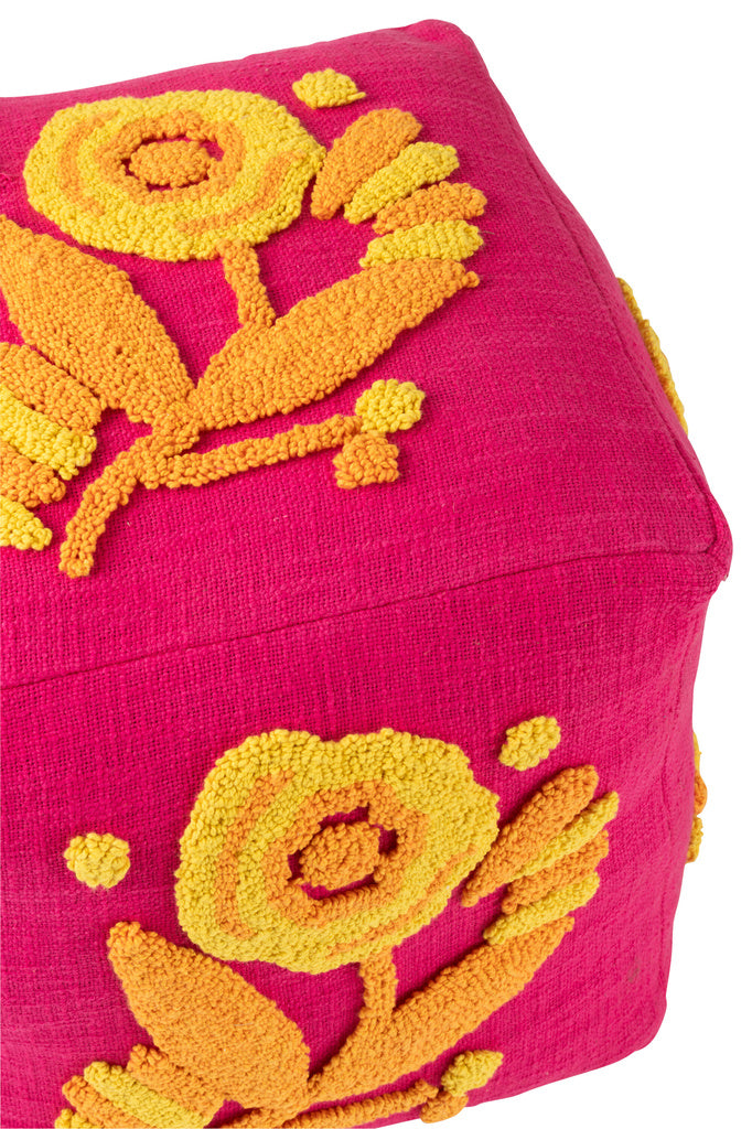 J-LINE POEF VIERKANT BLOEM KATOEN ROZE/ORANJE/GEEL