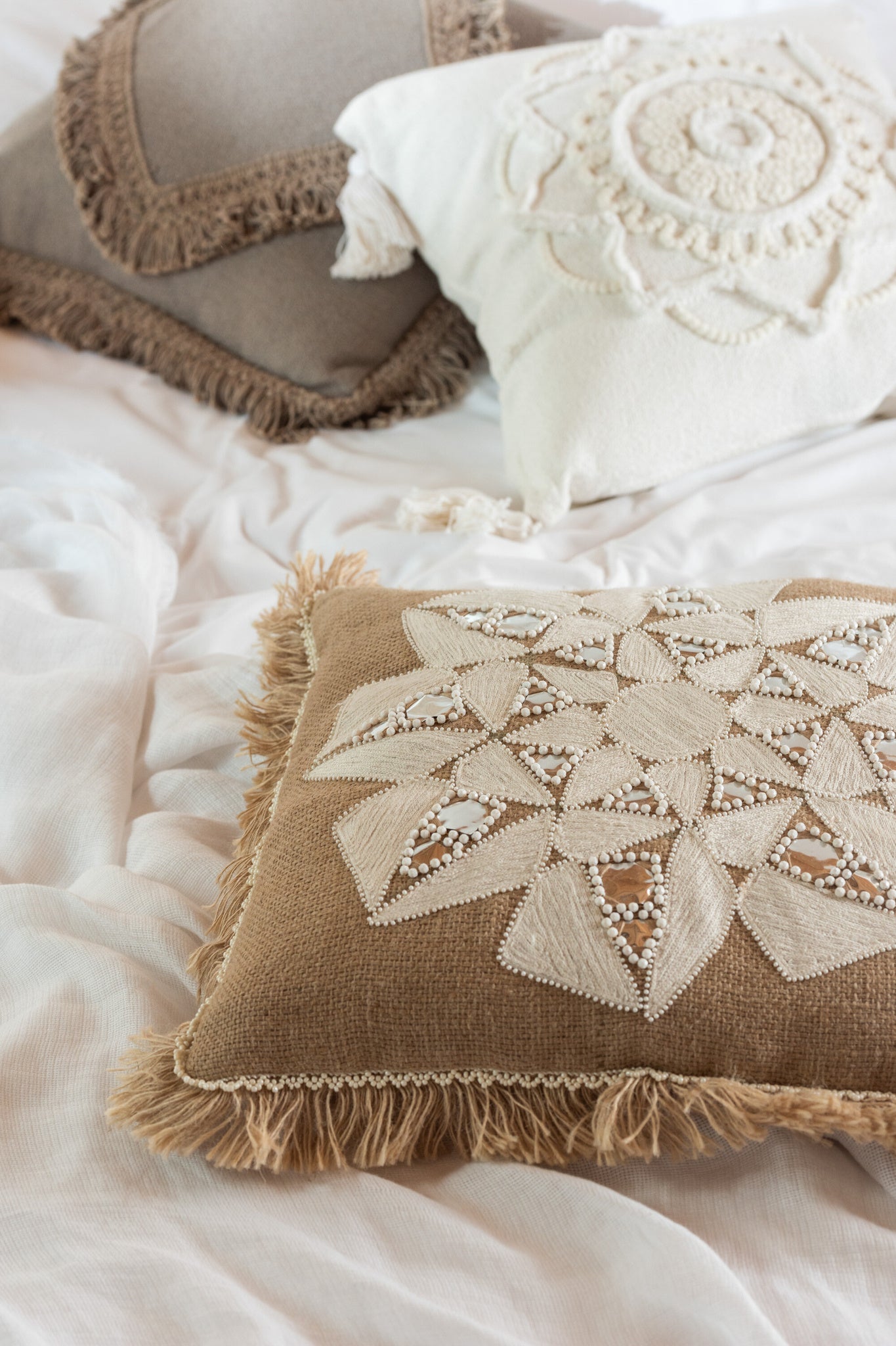 Kussen Bloem Abstract Jute Natuurlijk/Beige