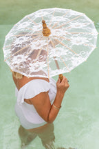 Parasol Patronen Kant Katoen/Hout Wit
