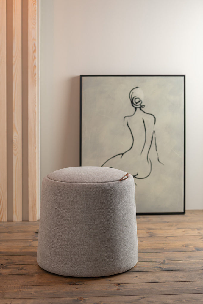J-LINE POEF/SIDETABLE ROND TEXTIEL/HOUT BEIGE